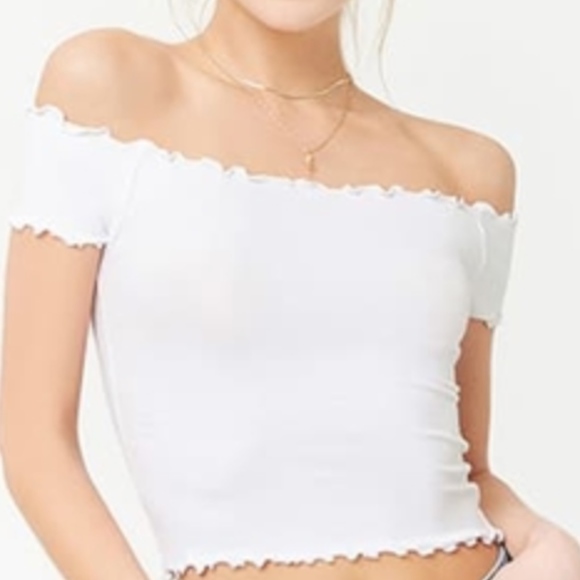 Forever 21 Tops - Forever 21 White Lettuce Edge Off The Shoulder Top